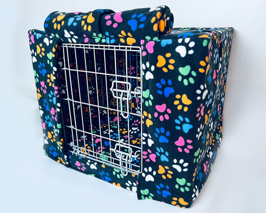 Custom Dog Crate Cover - Black Multi Paw